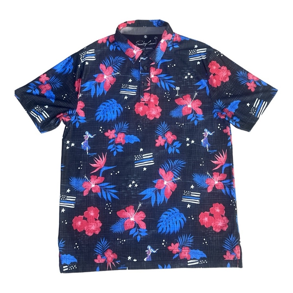 Sunday Crew Mens L Polo Short Sleeve UPF50+ Golf Black Patriotic Hawaiian Floral